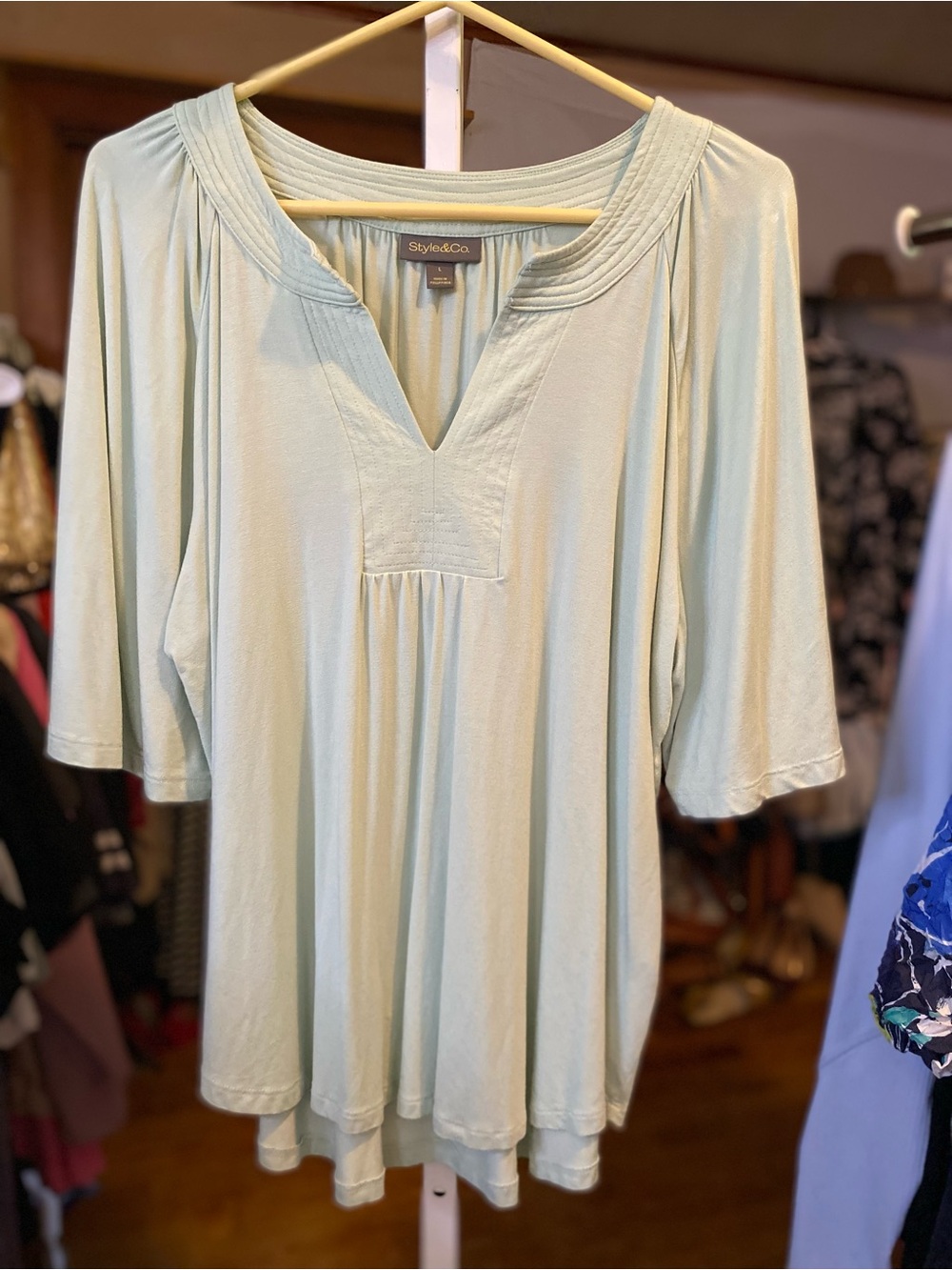 Style & Co. Sage Green Split V-Neck Blouse